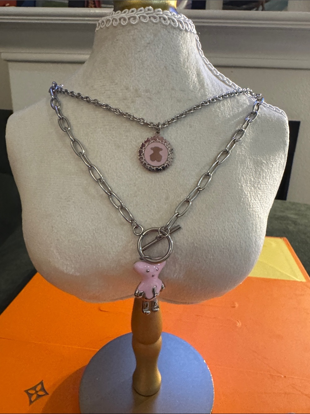 Silver Chain Necklace with Pink Bear Pendant